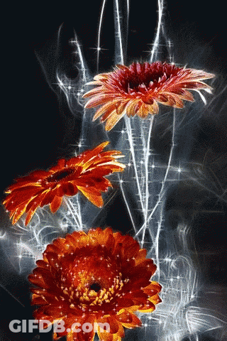 A Painting Of Three Flowers With Smoke Coming Out Of Them GIF