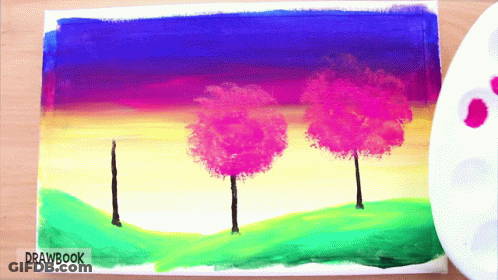 A Painting Of Three Pink Trees With Drawbook Written On The Bottom Right GIF