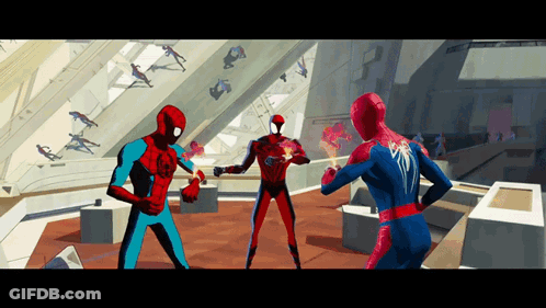 A Painting Of Three Spider-Man In A Room GIF