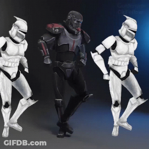 A Painting Of Three Stormtroopers Dancing With The Caption " Case For The Stormtroopers " GIF