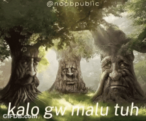 A Painting Of Three Trees With Faces Carved Into Them GIF