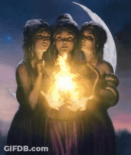 A Painting Of Three Women Holding A Ball Of Fire GIF