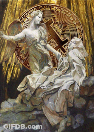A Painting Of Two Angels With A Coin In The Background That Says ' E Copper ' GIF