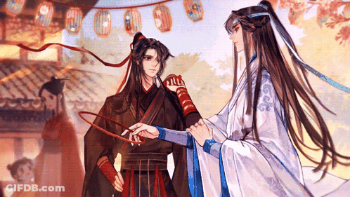 A Painting Of Two Anime Characters Holding Hands With Lanterns In The Background GIF
