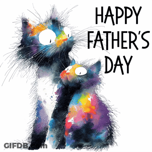 A Painting Of Two Cats With The Words Happy Father 'S Day GIF