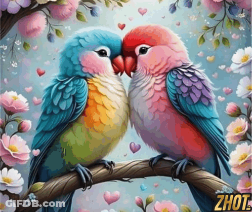 A Painting Of Two Colorful Birds Kissing On A Tree Branch With Zhut Written Below Them GIF