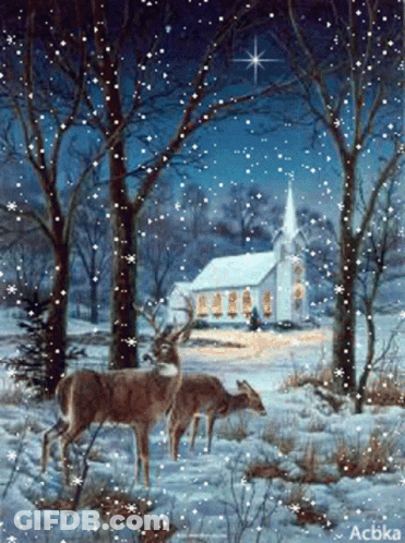 A Painting Of Two Deer In The Snow With A Church In The Background By Acbka GIF