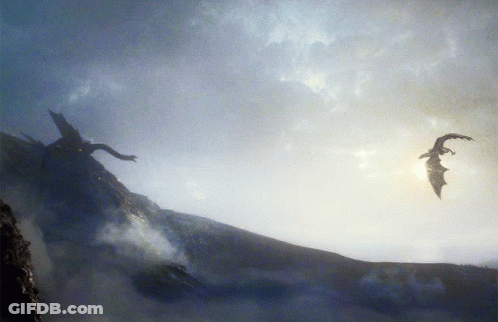 A Painting Of Two Dragons Flying Over A Mountain GIF