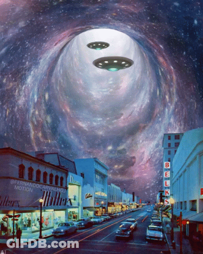 A Painting Of Two Flying Saucers Over A City Street With A Bell 'S Sign In The Foreground GIF
