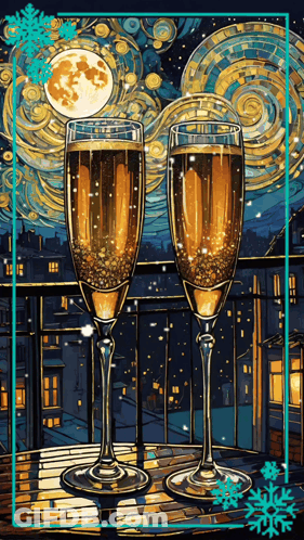 A Painting Of Two Glasses Of Champagne On A Balcony At Night GIF