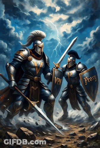 A Painting Of Two Knights Holding Swords And Shields With Vpn And Proxy On Them GIF