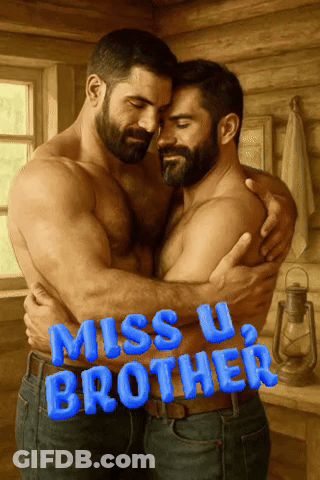 A Painting Of Two Men Hugging With The Words Miss U Brother GIF