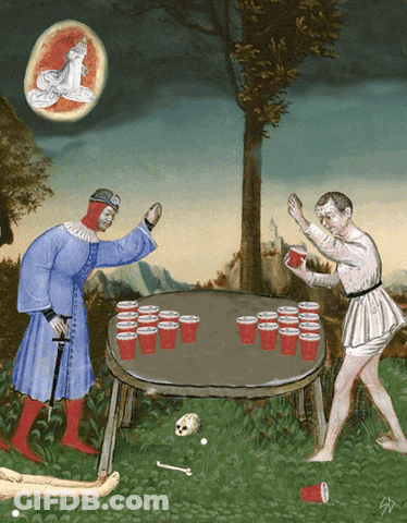 A Painting Of Two Men Playing A Game With Red Cups GIF