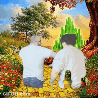 A Painting Of Two Men Walking Down A Yellow Brick Road Towards A Green Castle GIF