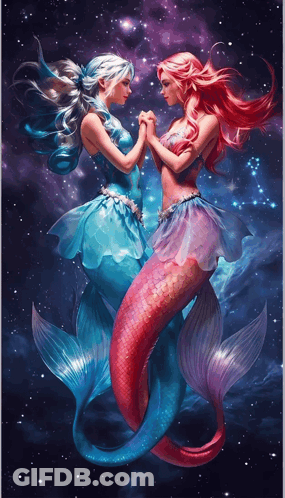 A Painting Of Two Mermaids Holding Hands Against A Starry Background GIF