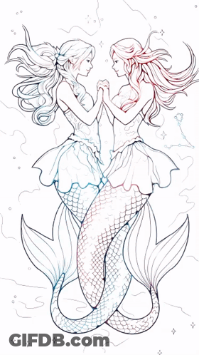 A Painting Of Two Mermaids Holding Hands GIF