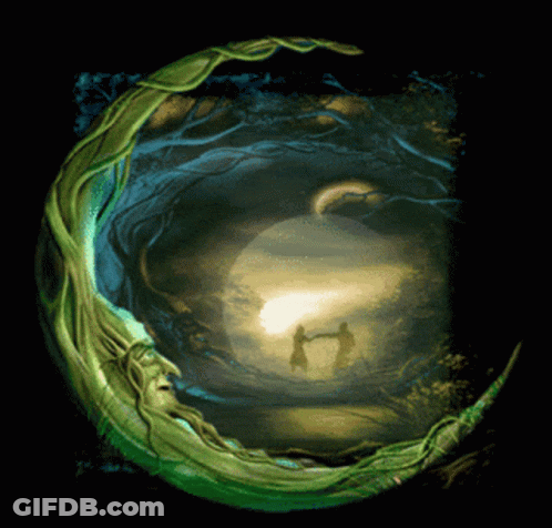 A Painting Of Two People Holding Hands In A Forest GIF