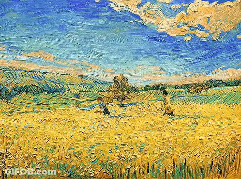 A Painting Of Two People In A Field Of Wheat . GIF