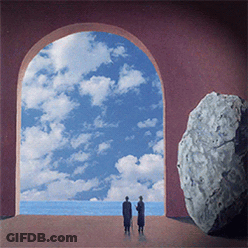 A Painting Of Two People Standing Under An Archway Overlooking A Body Of Water GIF