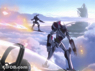 A Painting Of Two Robots Flying Through The Air . GIF