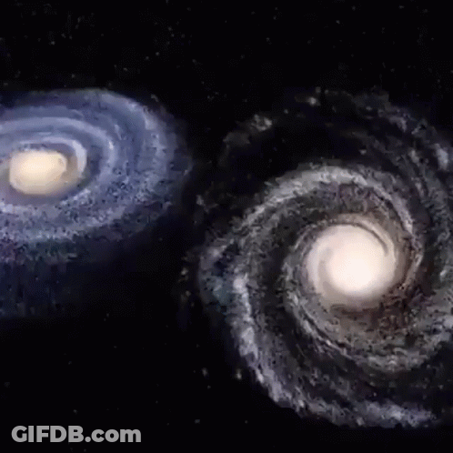 A Painting Of Two Spiral Galaxies In The Space GIF