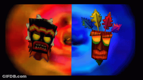 A Painting Of Two Tiki Masks With Leaves On Them GIF