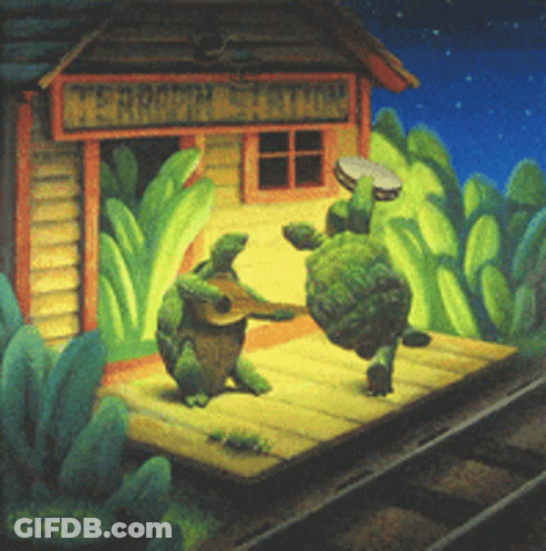 A Painting Of Two Turtles Playing Guitar And Tambourine In Front Of A Train Station GIF