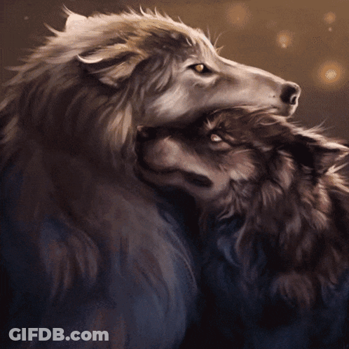 A Painting Of Two Wolves Hugging Each Other With A Dark Background GIF