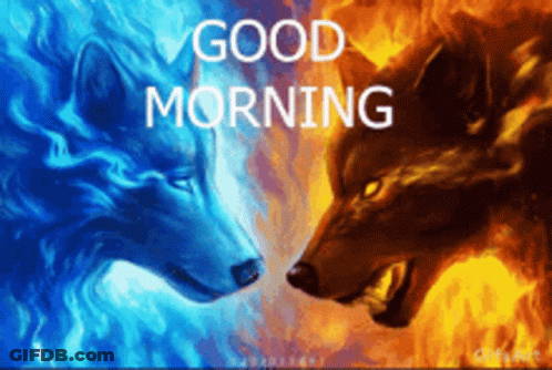 A Painting Of Two Wolves With The Words Good Morning Written On It GIF
