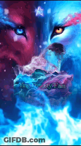 A Painting Of Two Wolves With The Words Ying Dynasty I Am Written Below Them GIF