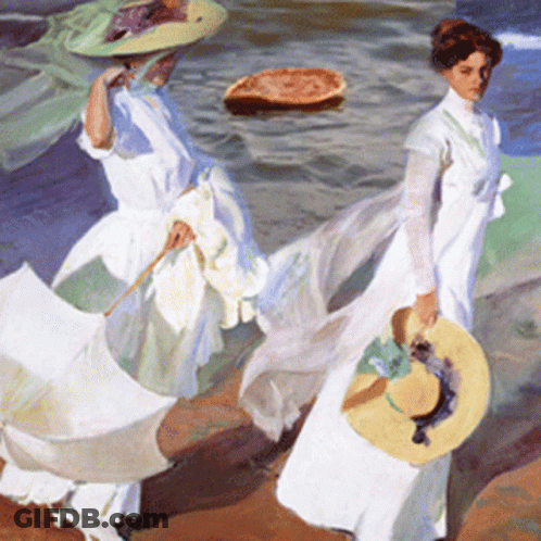 A Painting Of Two Women With Hats And Umbrellas GIF