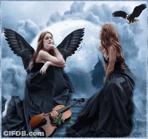 A Painting Of Two Women With Wings Sitting Next To Each Other With The Name Linda On The Bottom Right GIF