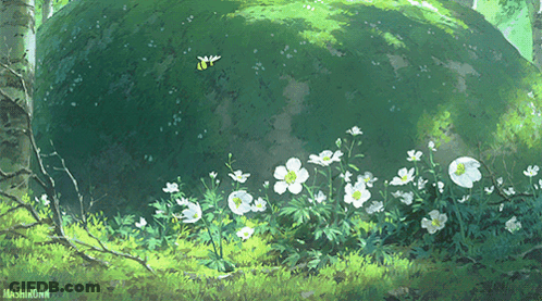 A Painting Of White Flowers And A Large Green Rock With Mashironn Written In The Bottom Right Corner GIF
