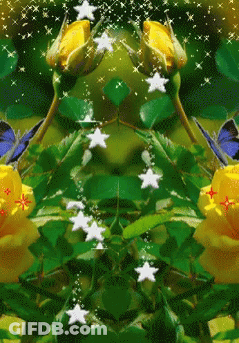 A Painting Of Yellow Roses And Blue Butterflies With White Stars GIF