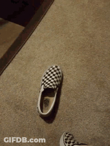 A Pair Of Black And White Checkered Vans Slip On Shoes On The Floor GIF