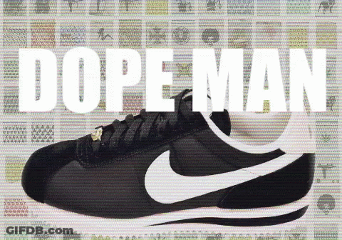 A Pair Of Black And White Nike Shoes With The Words Dope Man Written On The Bottom GIF