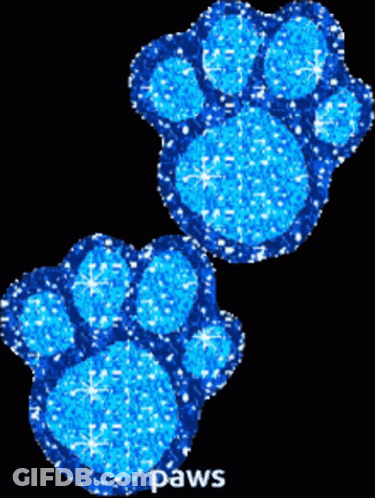 A Pair Of Blue Paw Prints On A Black Background With The Word Paws Below Them GIF