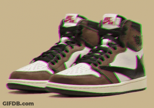 A Pair Of Brown And White Nike Air High Top Sneakers GIF