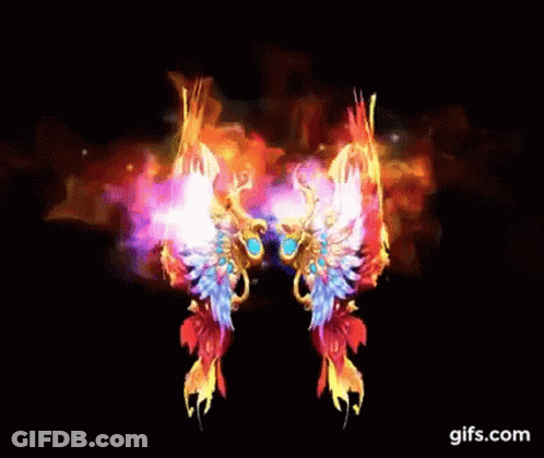 A Pair Of Colorful Butterfly Wings With Fire Coming Out Of Them On A Black Background . GIF
