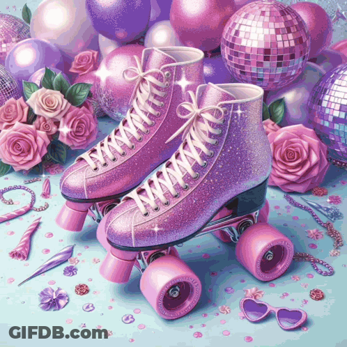 A Pair Of Pink Roller Skates Surrounded By Disco Balls And Roses GIF
