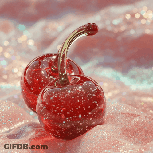 A Pair Of Red Cherries Sitting On A Pink Surface GIF