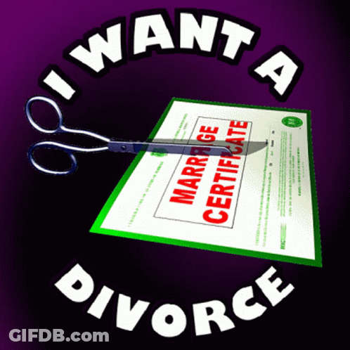 A Pair Of Scissors Cutting A Marriage Certificate With The Words I Want A Divorce Below It GIF