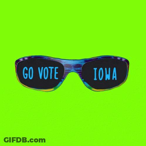 A Pair Of Sunglasses That Say Go Vote Iowa On A Green Background GIF
