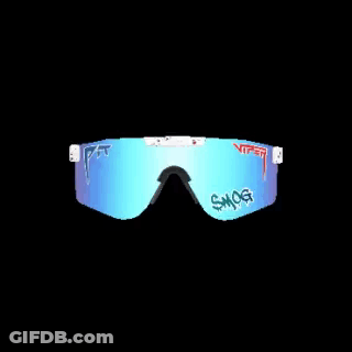 A Pair Of Sunglasses With A Blue Lens And A Red Sticker On Them On A Black Background . GIF