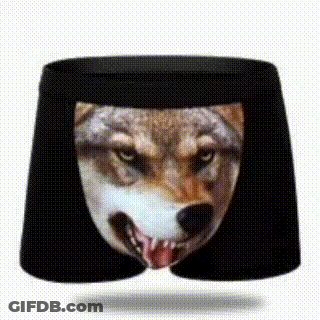 A Pair Of Underwear With A Picture Of A Wolf 'S Face On Them . GIF