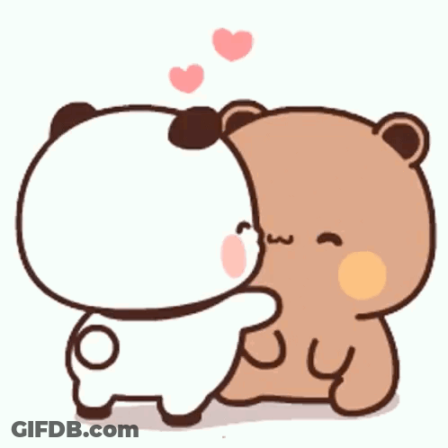 A Panda And A Brown Bear Are Kissing Each Other With Hearts Coming Out Of Their Mouths . GIF