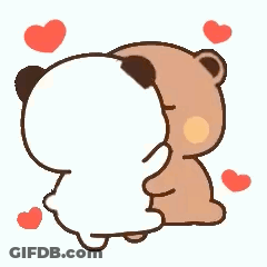 A Panda And A Teddy Bear Are Hugging Each Other With Hearts Around Them . GIF