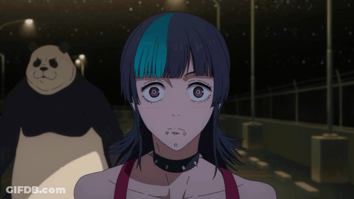 A Panda Bear And A Girl With Purple Eyes Are Standing Next To Each Other GIF