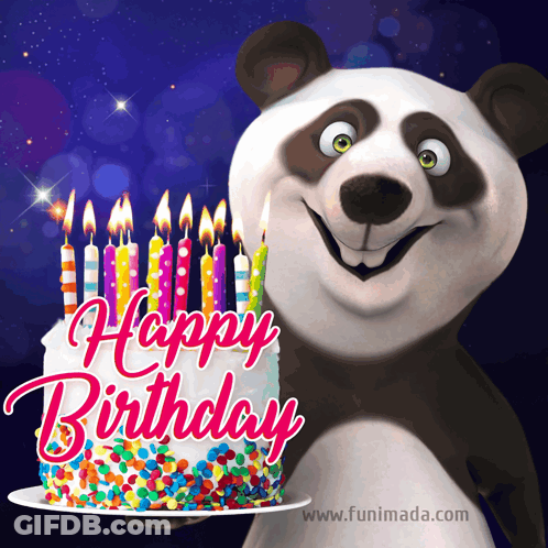 A Panda Bear Holding A Birthday Cake With Candles And The Words Happy Birthday GIF