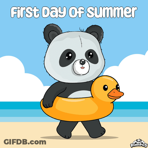 A Panda Bear Holding A Yellow Rubber Duck On The Beach With The Words First Day Of Summer GIF